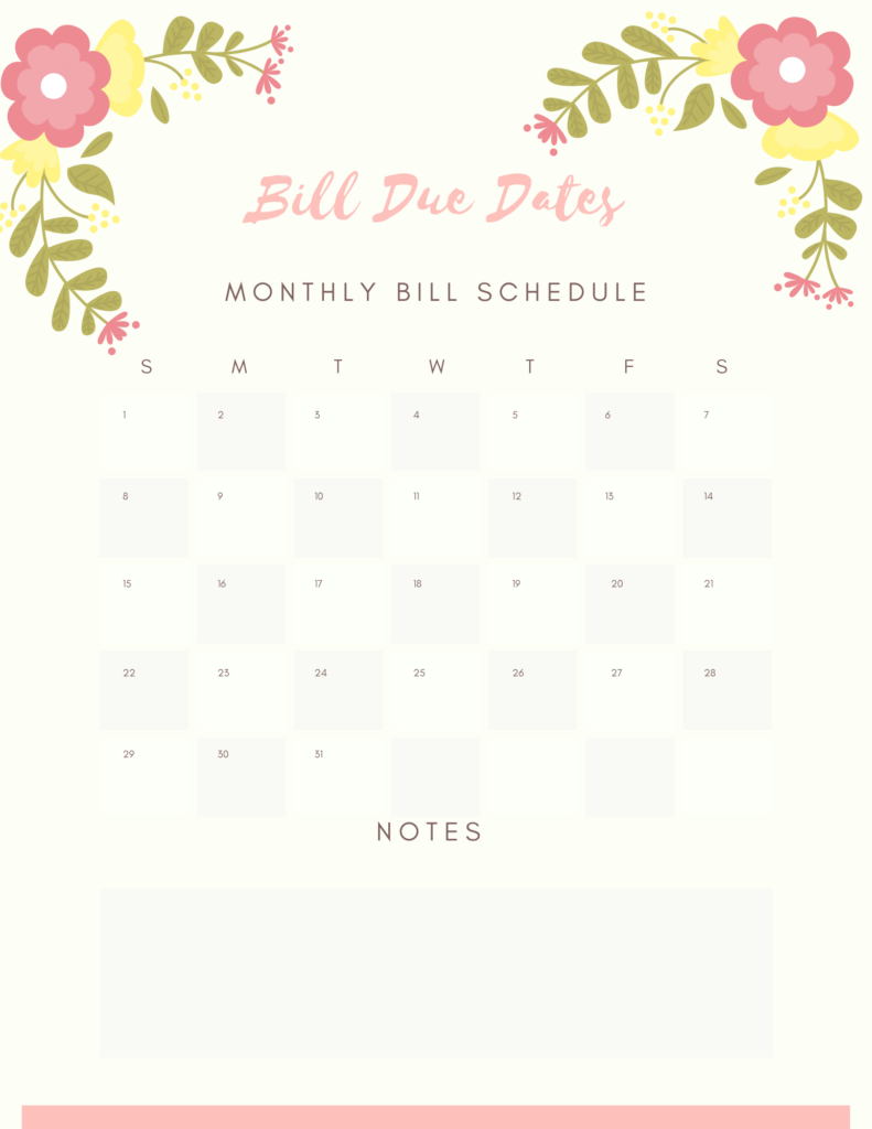 Bill Due Date Printable Calendar Page Deemiddleton