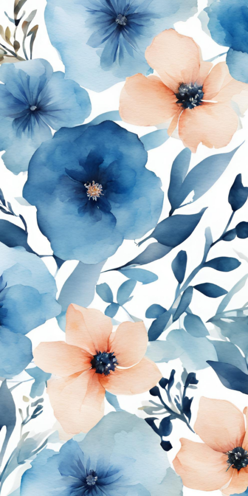 Blue Floral Phone Wallpaper - Bold Blue Dark Floral Phone Wallpaper, Vintage Blue Floral Phone Wallpaper, Vintage Blue Botanical Print Wallpaper, Blue Watercolor Floral Wallpaper,  Bold and Dark Blue Floral Wallpaper 