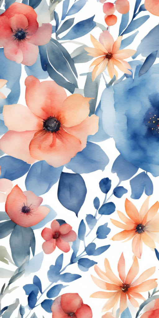 Blue Floral Phone Wallpaper - Bold Blue Dark Floral Phone Wallpaper, Vintage Blue Floral Phone Wallpaper, Vintage Blue Botanical Print Wallpaper, Blue Watercolor Floral Wallpaper,  Bold and Dark Blue Floral Wallpaper 