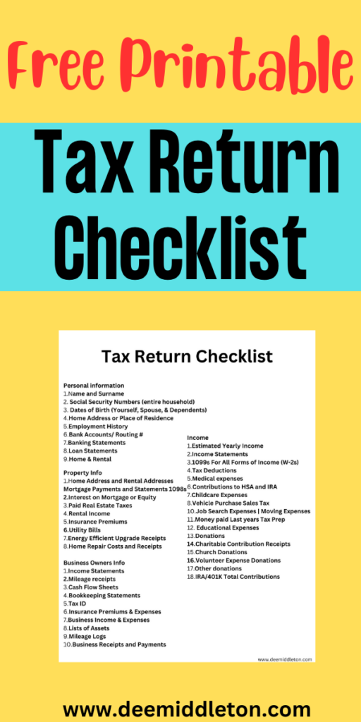Free Printable Tax Return Checklist - Tax ChecklistTax OrganizationSmall Business TaxTax PrepHousehold BinderHome BinderTax TipsTax TimeTax Forms