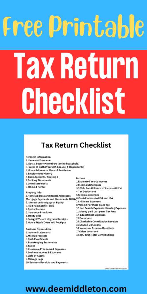 Free Printable Tax Return Checklist - Tax ChecklistTax OrganizationSmall Business TaxTax PrepHousehold BinderHome BinderTax TipsTax TimeTax Forms