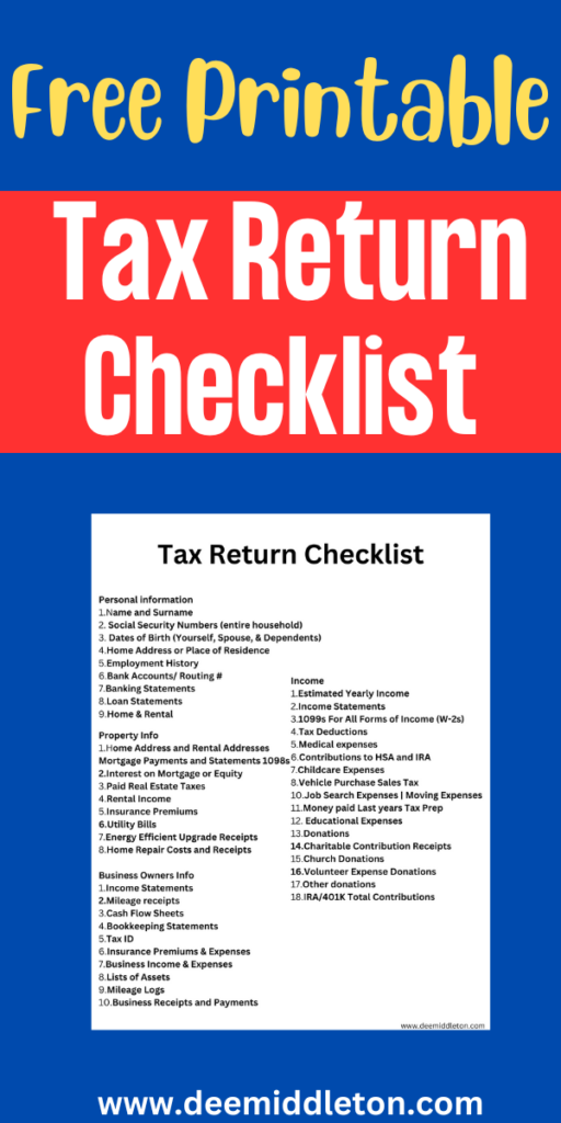 Free Printable Tax Return Checklist - Tax ChecklistTax OrganizationSmall Business TaxTax PrepHousehold BinderHome BinderTax TipsTax TimeTax Forms