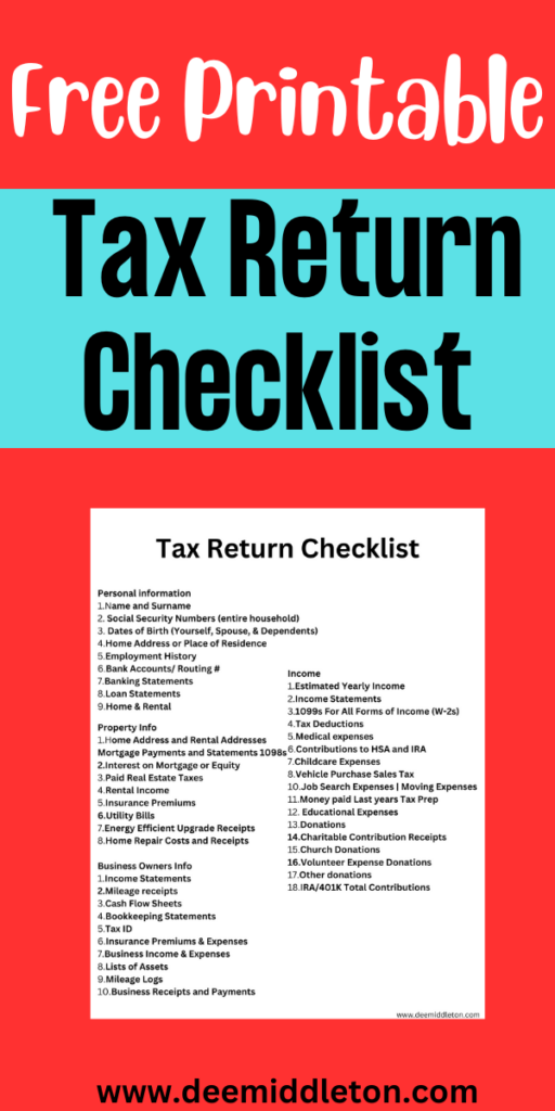 Free Printable Tax Return Checklist - Tax ChecklistTax OrganizationSmall Business TaxTax PrepHousehold BinderHome BinderTax TipsTax TimeTax Forms