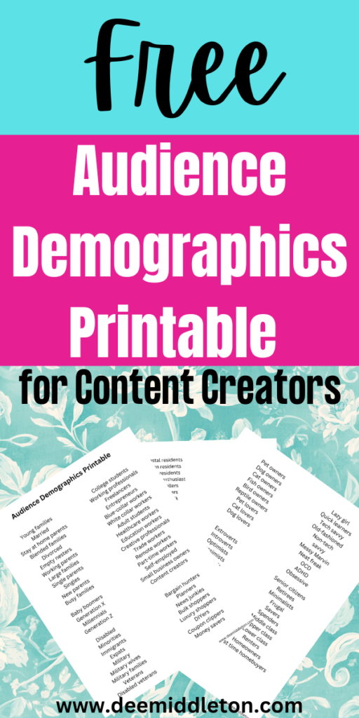 Free Audience Demographics Printable for Content Creators - Blog Content Title ideasBlog ContentWriting for PinterestBlogging for PinterestYoutube Channel Name IdeasStart Youtube ChannelSocial Media Content StrategyYoutube Channel IdeasWorking ParentBlog StrategySocial Media PlanningBlog ContentPinterest SEO Blogging tips